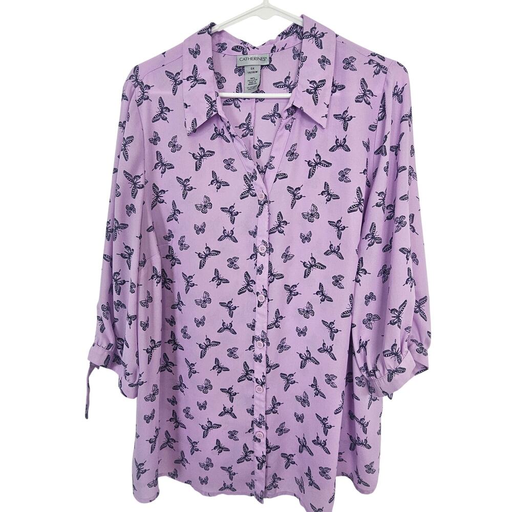 Catherines Womens Butterfly Print Top Plus Size 0X Whimsical Flowy Button Front
